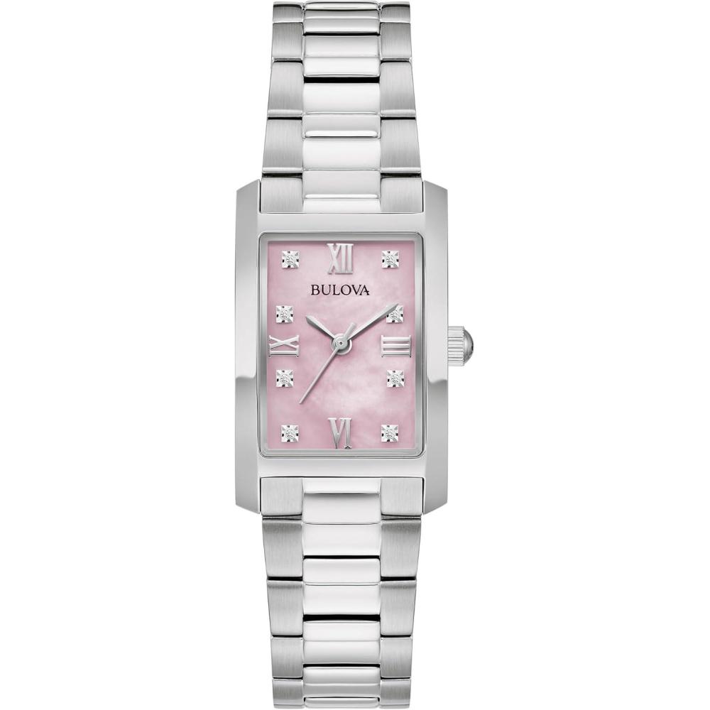 imageBulova Ladies Classic Diamond TwoTone Stainless Steel 3Hand Quartz Watch RectangleSilver Pink Dial