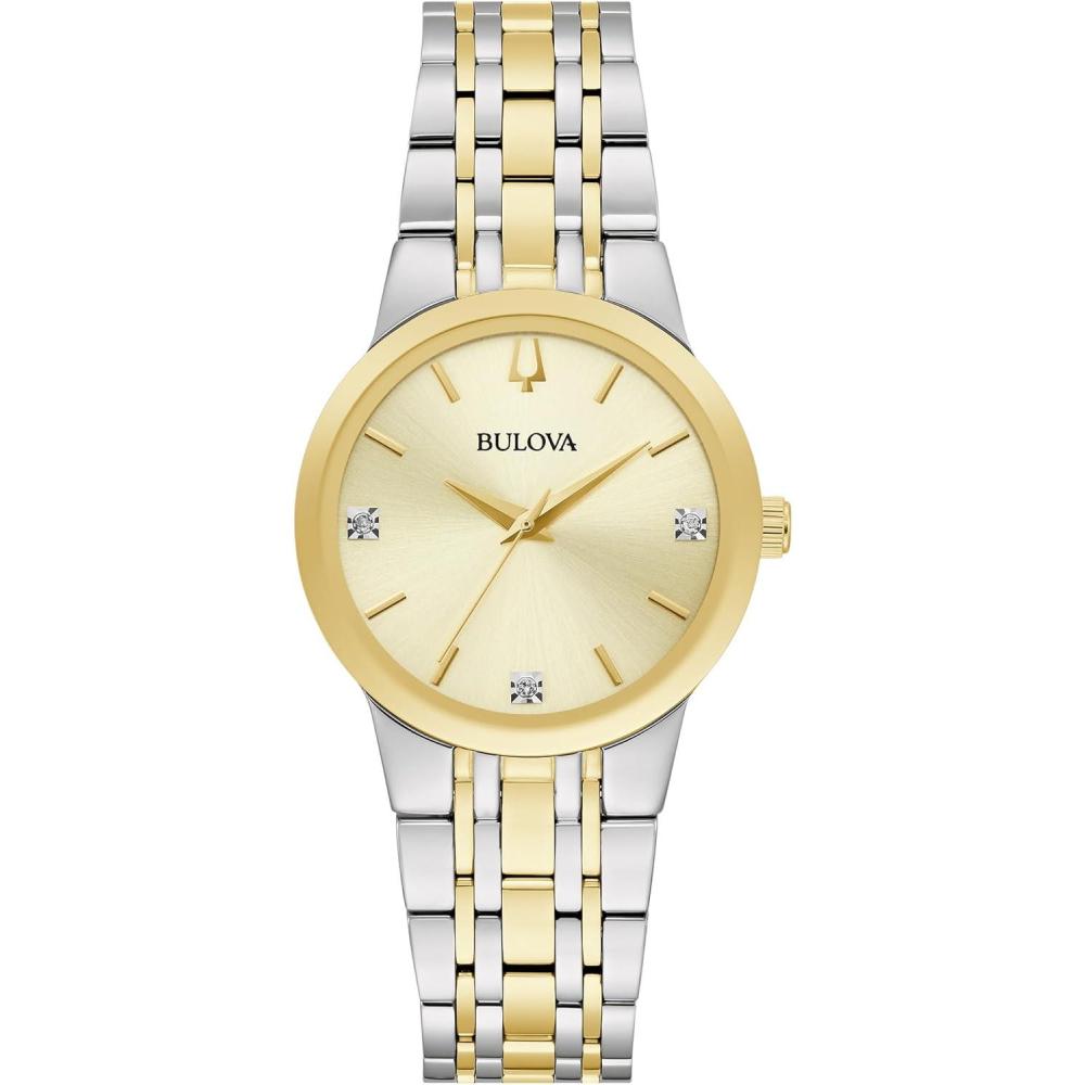 imageBulova Ladies Modern TwoTone Stainless Steel 3Hand Quartz Watch Diamond Accent Gold Dial Style 98P224