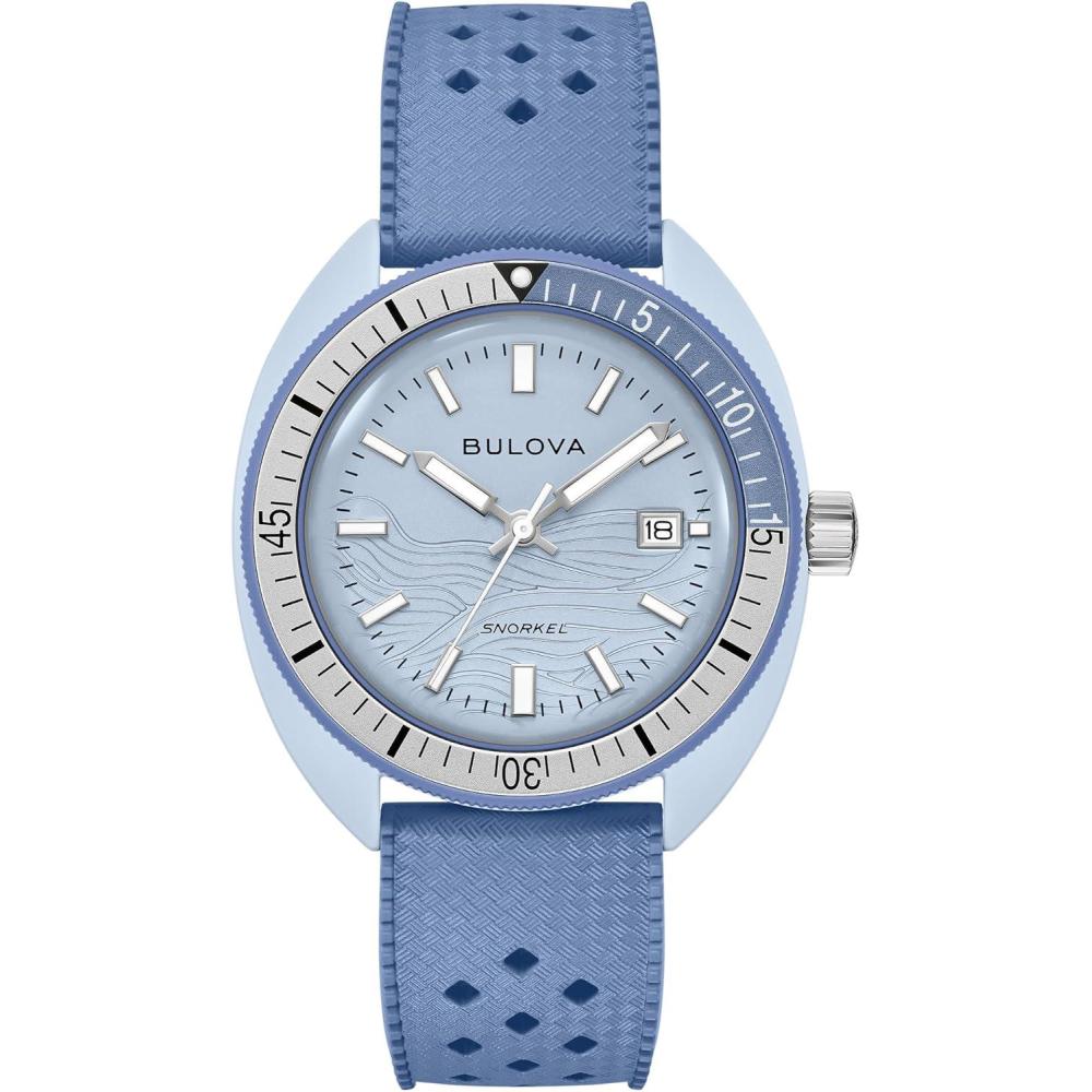 imageBulova Oceanographer Snorkel Amazon Exclusive Ceramic Case and White Perforated Rubber Strap Watch Day Date 100M WRBlue Whale