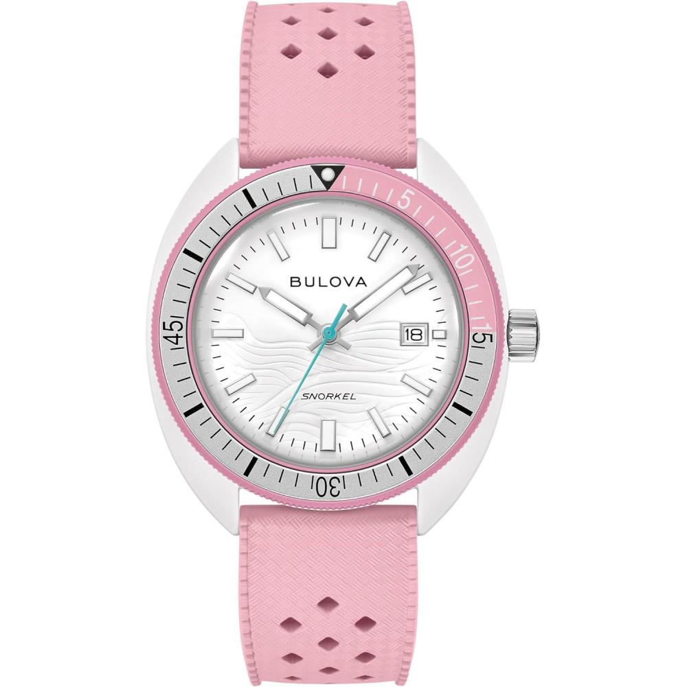 imageBulova Oceanographer Snorkel Amazon Exclusive Ceramic Case and White Perforated Rubber Strap Watch Day Date 100M WRFlamingo