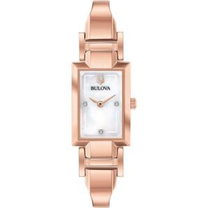 Bulova Ladies’ Classic Diamond Dial Quartz Stainless Steel Watch, Rectangle, Mother-of-Pearl(Rose Gold)