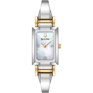 Bulova Ladies’ Classic Diamond Dial Quartz Stainless Steel Watch, Rectangle, Mother-of-Pearl(Two Tone Gold)