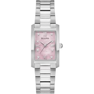 Bulova Ladies’ Classic Diamond Two-Tone Stainless Steel 3-Hand Quartz Watch, Rectangle(Silver/ Pink Dial)