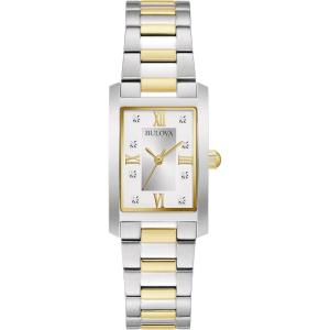 Bulova Ladies’ Classic Diamond Two-Tone Stainless Steel 3-Hand Quartz Watch, Rectangle(Two-Tone Gold)