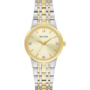 Bulova Ladies’ Modern Two-Tone Stainless Steel 3-Hand Quartz Watch, Diamond Accent Gold Dial Style: 98P224