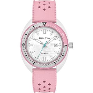 Bulova Oceanographer Snorkel Amazon Exclusive Ceramic Case and White Perforated Rubber Strap Watch, Day Date 100M WR(Flamingo)
