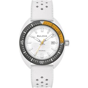 Bulova Oceanographer Snorkel Amazon Exclusive Ceramic Case and White Perforated Rubber Strap Watch, Day Date 100M WR(Gold Tone)