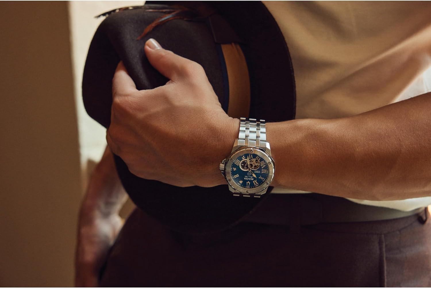 imageBulova Marc Anthony Mens Automatic Marine Star Stainless Steel WatchOpen ApertureExhibition Case BackDiamond Accent Blue Sunray Dial Model98D184
