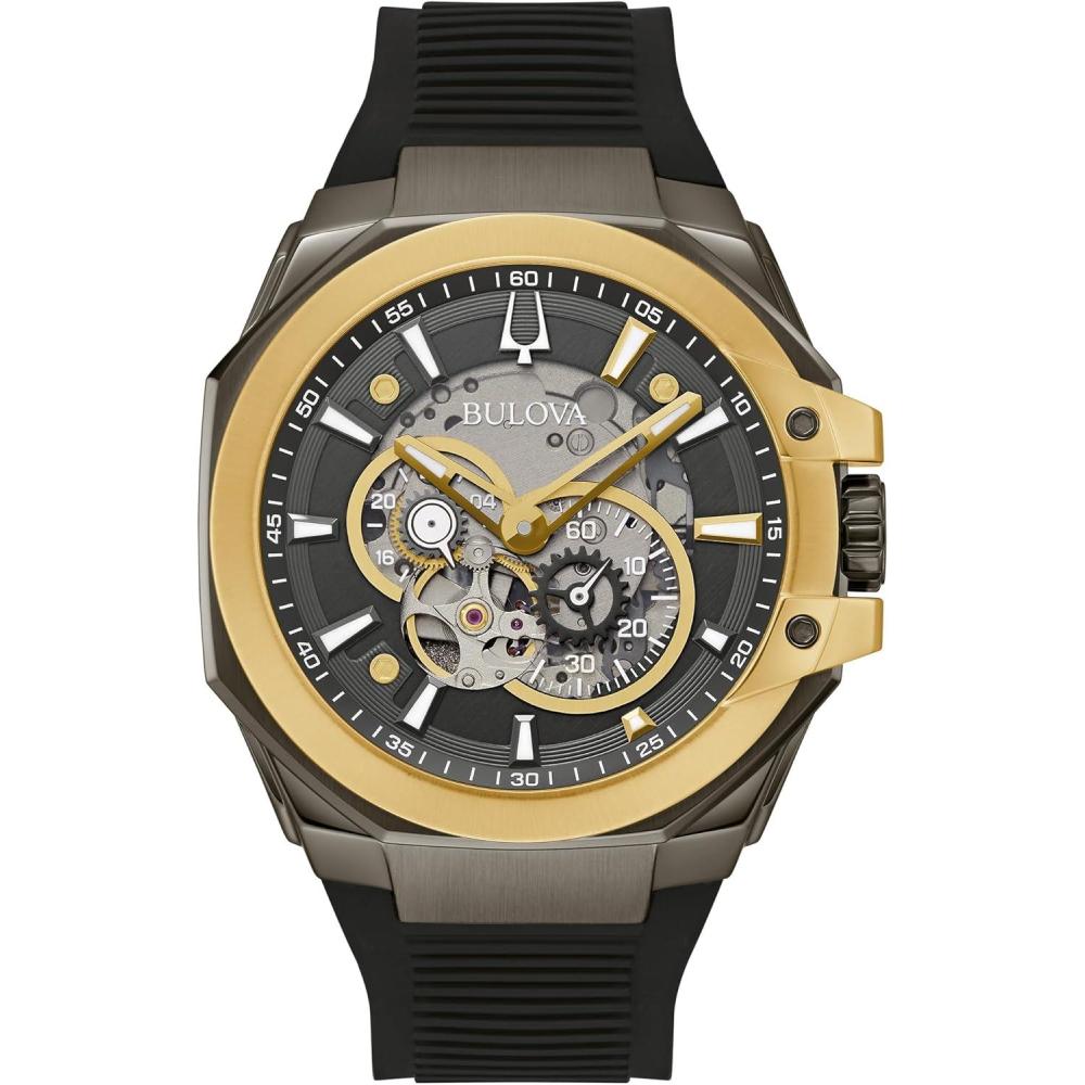 imageBulova Mens Automatic Performance Maquina Watch Black Silicone Strap Gray Heartbeat Skeleton Dial 42 Hour Power Reserve Style98A310