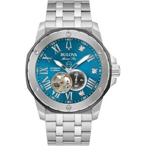 Bulova Marc Anthony Men’s Automatic Marine Star Stainless Steel Watch,Open Aperture,Exhibition Case Back,Diamond Accent Blue Sunray Dial, (Model:98D184)