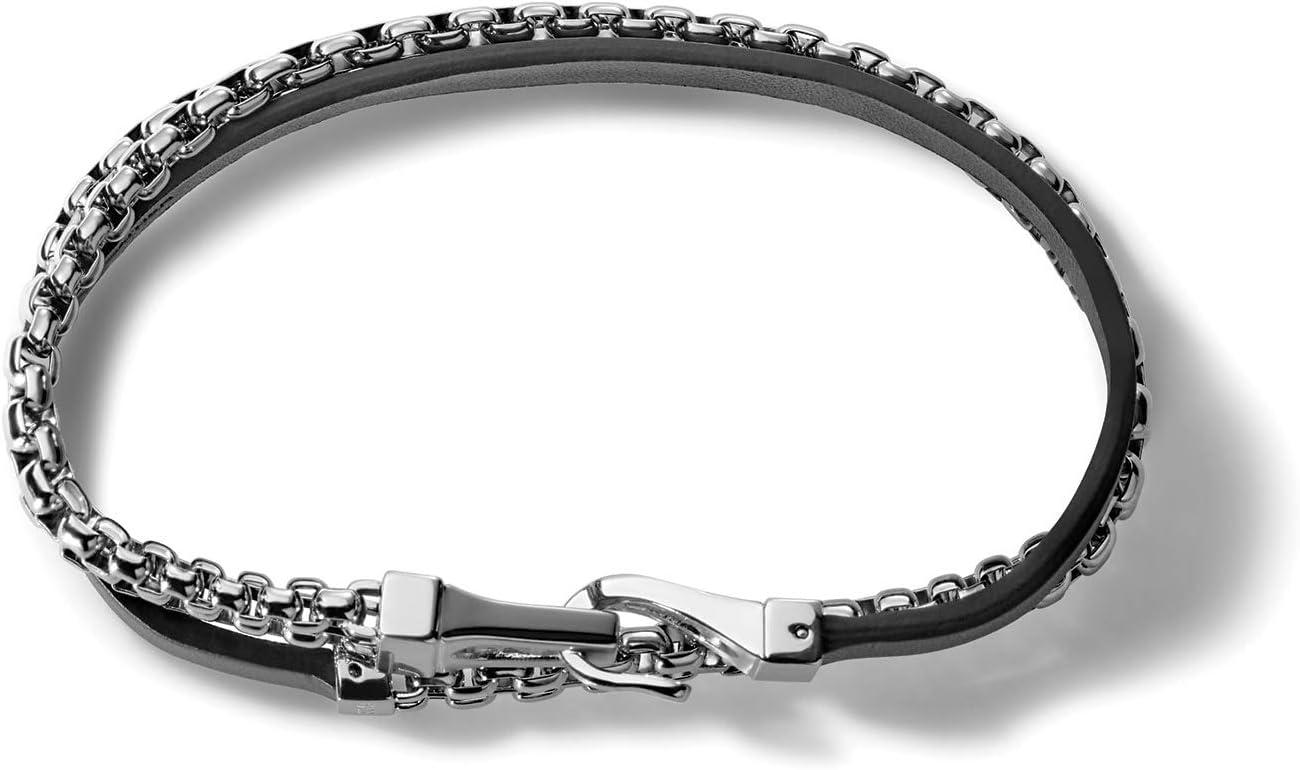 imageBulova Jewelry Mens Classic Double Wrap Leather and Box Chain BraceletBlack Leather