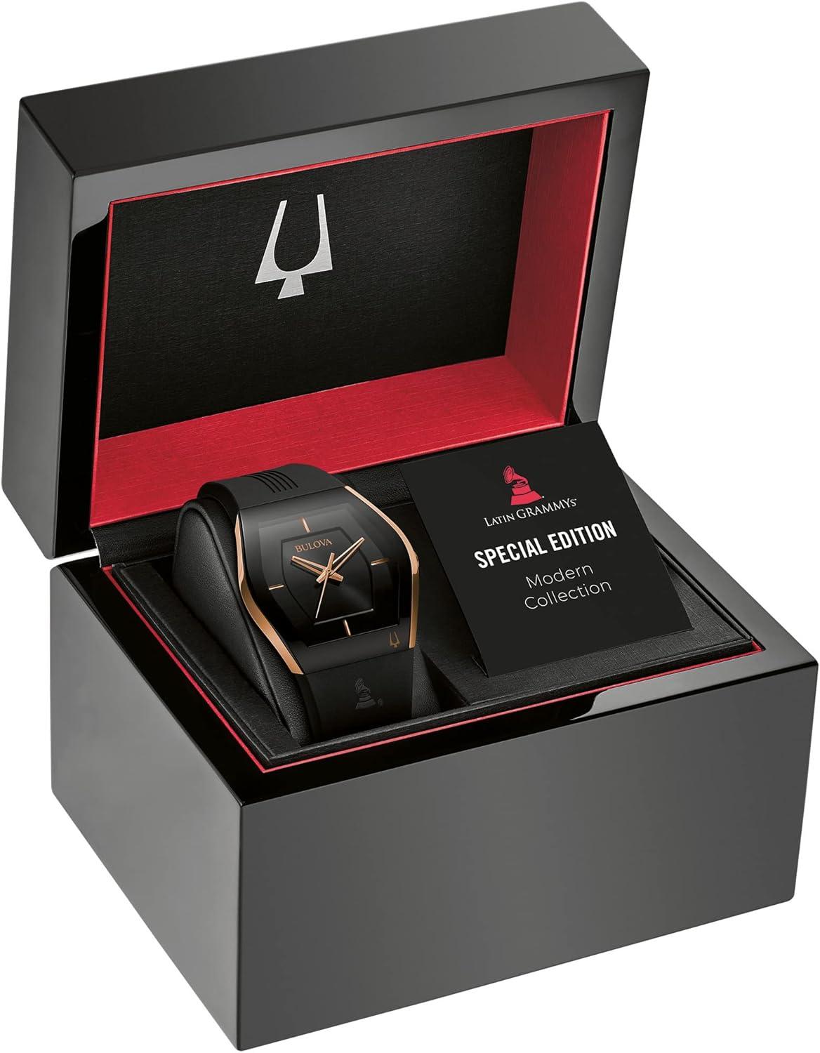 imageBulova Latin Grammy Gemini Quartz Rose Gold Stainless Steel Accent with Curved Mineral Crystal and Black Silicone Strap Watch Ladies
