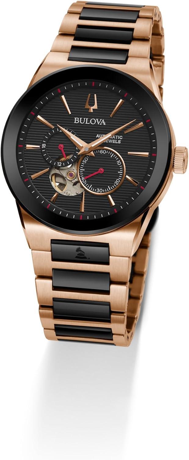 imageBulova Latin Grammy Modern Millenia Automatic TwoTone Stainless Steel WatchOpen Heartbeat ApertureExhibition Case BackBlack Dial Model98A236