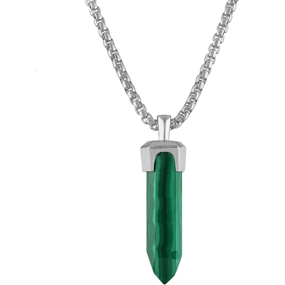 imageBulova Jewelry Mens Icon Green Malachite Obelisk Shaped Pendant and Sterling Silver Rounded Box Link Chain NecklaceLength 2426 StyleBVP1020WSMAL