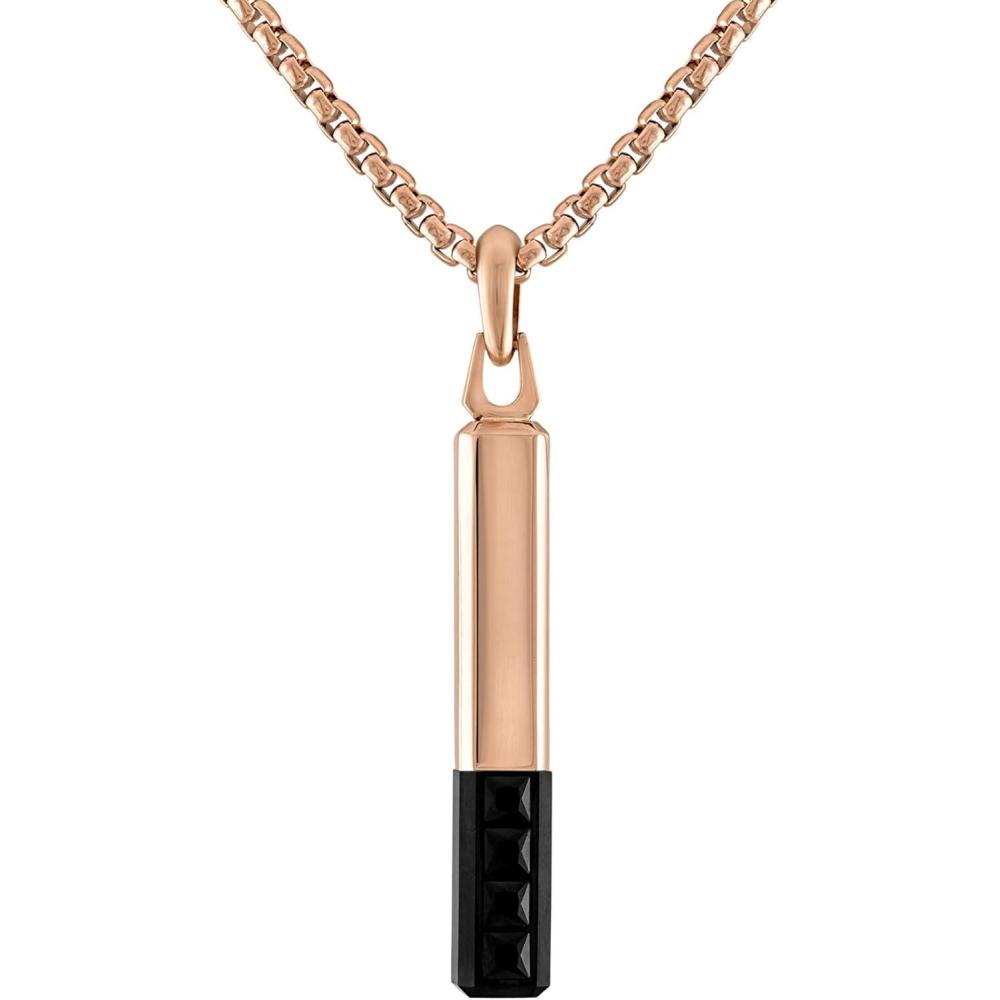 imageBulova Jewelry Mens Latin Grammy Rose Gold Stainless Steel Bar Shaped Amulet Pendant Inlay Black SpinelRose Tone Stainless Steel Rounded Box Link Chain Necklace StyleBVC1074RSTBSP