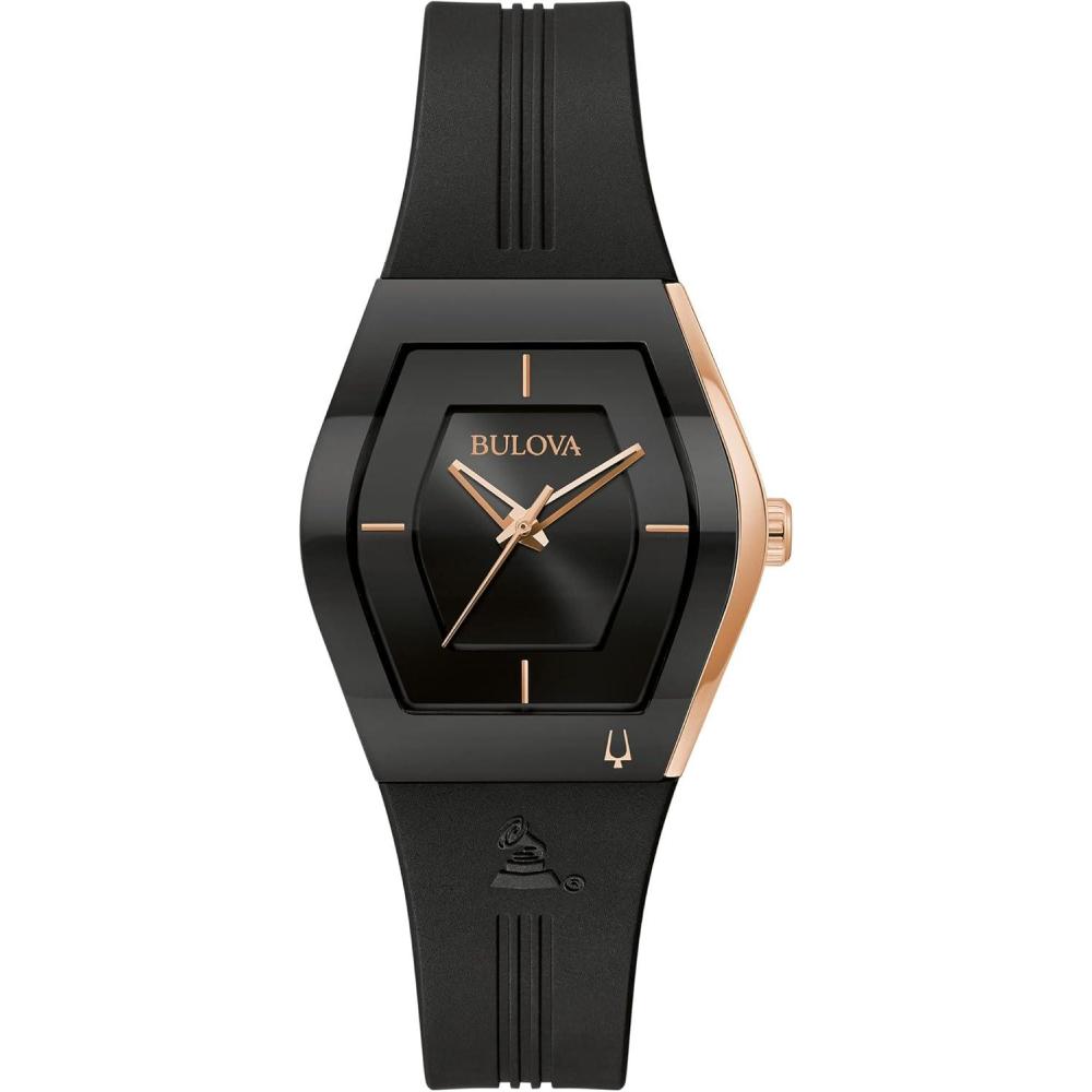 imageBulova Latin Grammy Gemini Quartz Rose Gold Stainless Steel Accent with Curved Mineral Crystal and Black Silicone Strap Watch Ladies