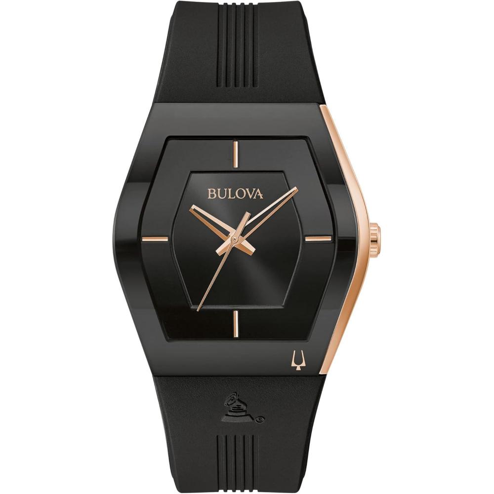 imageBulova Latin Grammy Gemini Quartz Rose Gold Stainless Steel Accent with Curved Mineral Crystal and Black Silicone Strap Watch Mens