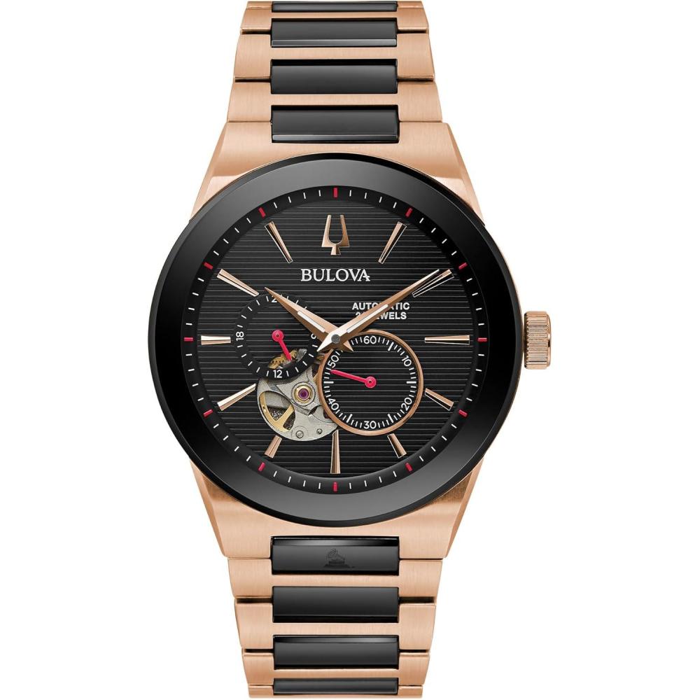 imageBulova Latin Grammy Modern Millenia Automatic TwoTone Stainless Steel WatchOpen Heartbeat ApertureExhibition Case BackBlack Dial Model98A236