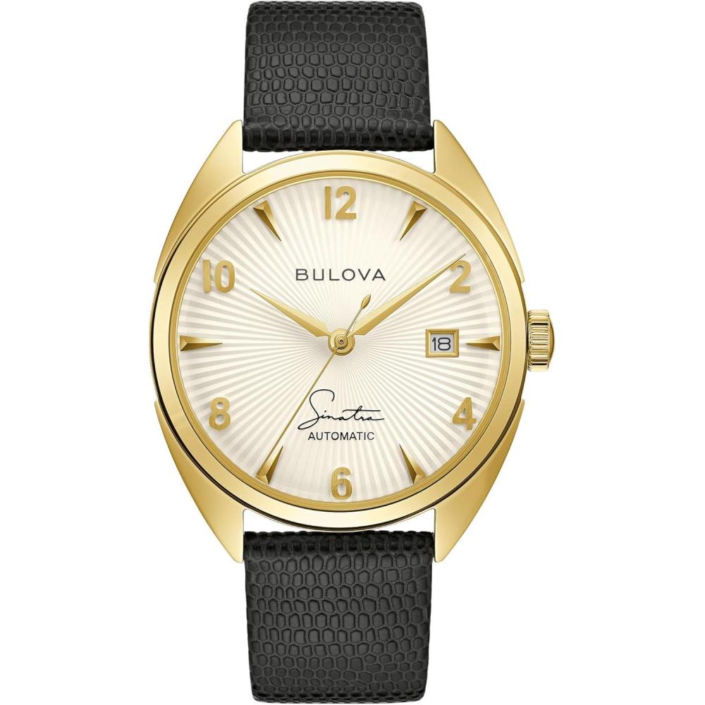 imageBulova Mens Frank Sinatra Fly Me to The Moon Automatic Stainless Steel Case Watch Textured Leather Strap 42 Hour Power Reserve 3 HandBlack Strap Ivory Dial