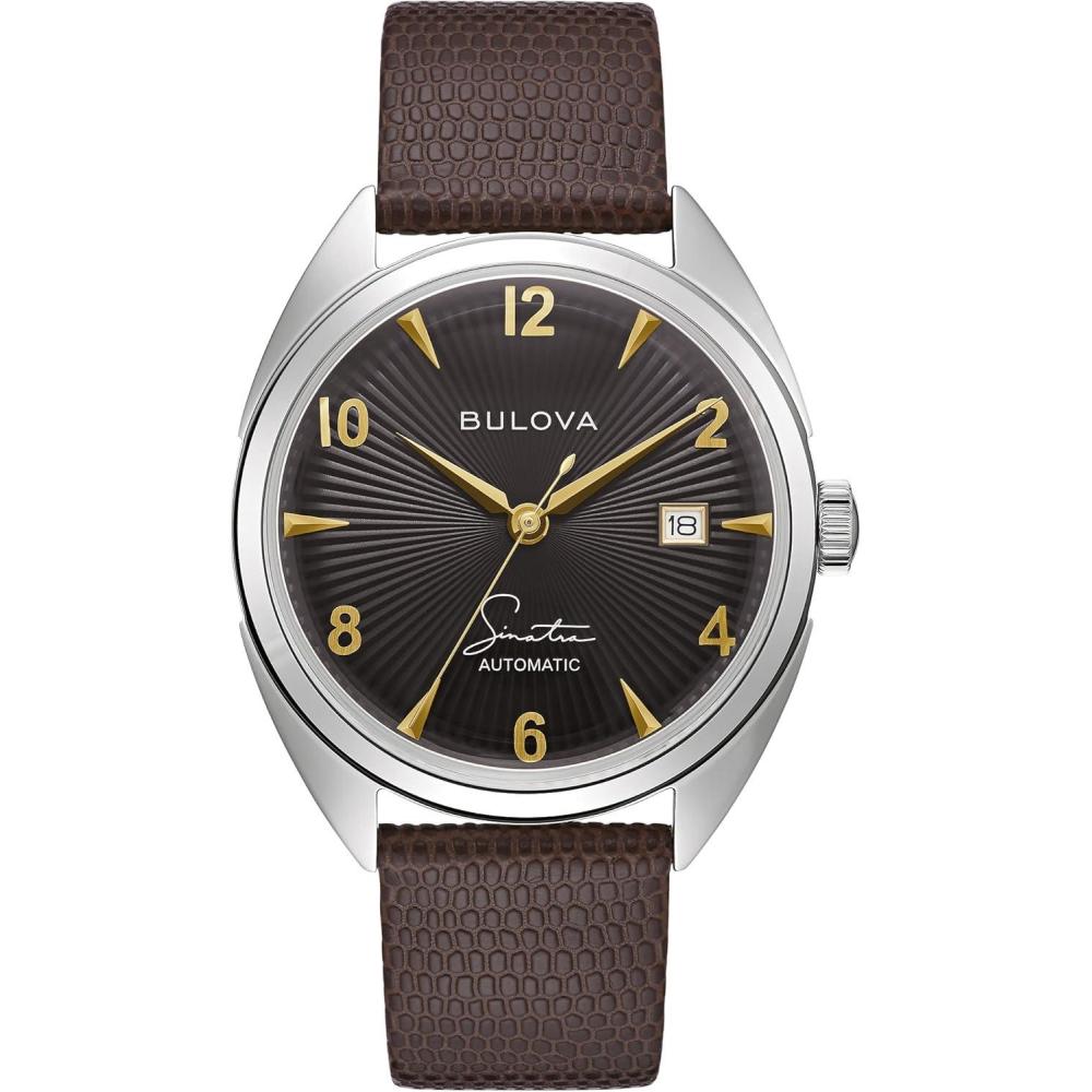 imageBulova Mens Frank Sinatra Fly Me to The Moon Automatic Stainless Steel Case Watch Textured Leather Strap 42 Hour Power Reserve 3 HandBrown StrapBlack Dial
