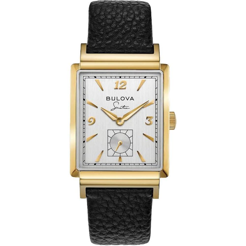 imageBulova Mens Frank Sinatra My Way Leather Strap WatchGold Tone Black Strap