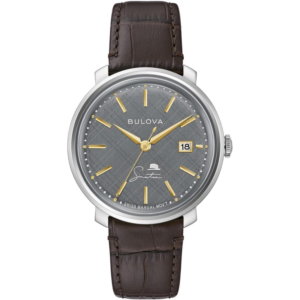 imageBulova Mens Frank Sinatra The Best is Yet to Come 3Hand Swiss Automatic Date Watch 42Hour Preserve Sapphire CrystalBrown StrapSilver Gray Dial