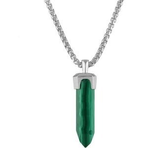 Bulova Jewelry Men’s Icon Green Malachite Obelisk Shaped Pendant and Sterling Silver Rounded Box Link Chain Necklace,Length 24-26″ Style:BVP1020-WSMAL