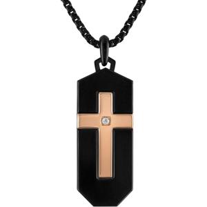 Bulova Jewelry Men’s Latin Grammy Black and Rose Stainless Steel, Cross Inlay with Diamond Accent Dog Tag Pendant, Round Box Link Chain Necklace,Length 24″-26″ Style: BVC1076-B4STQ7