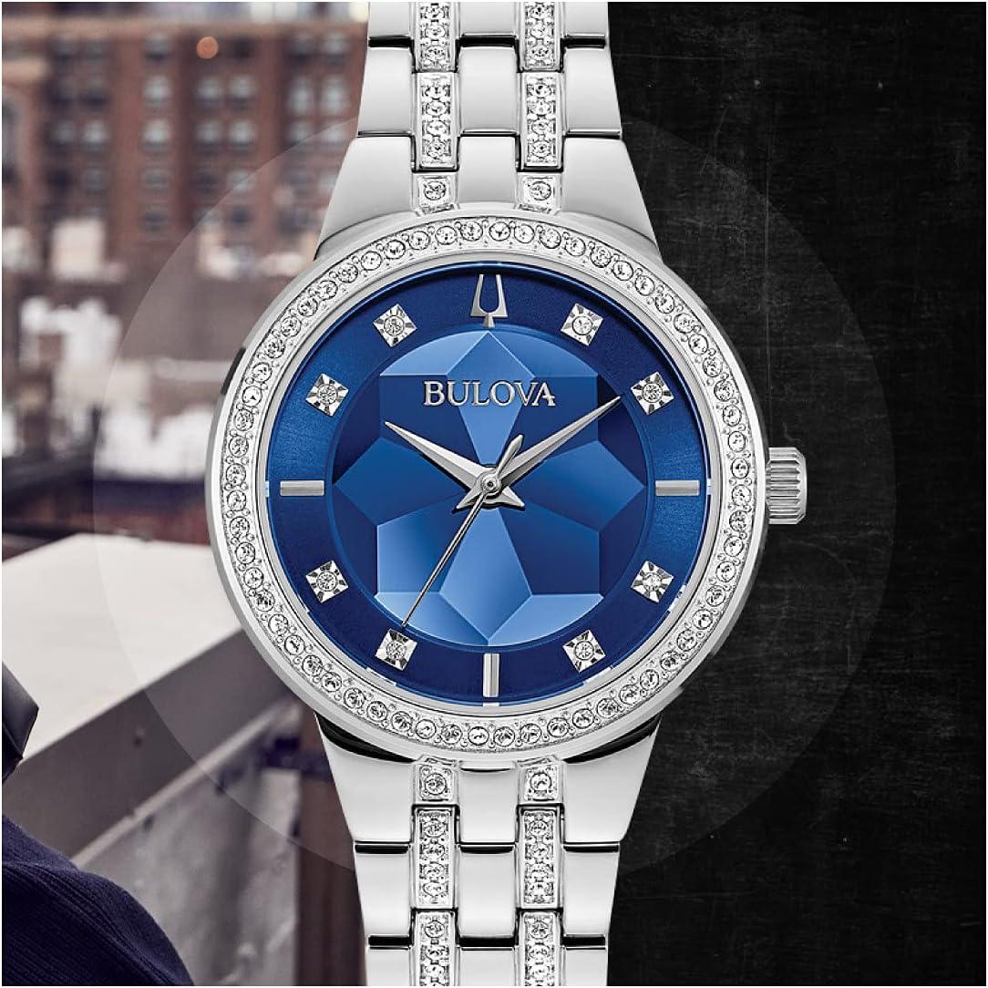 imageBulova Ladies Crystal Phantom 3Hand Quartz Watch Faceted Mineral Glass DialStainlessBlue Dial