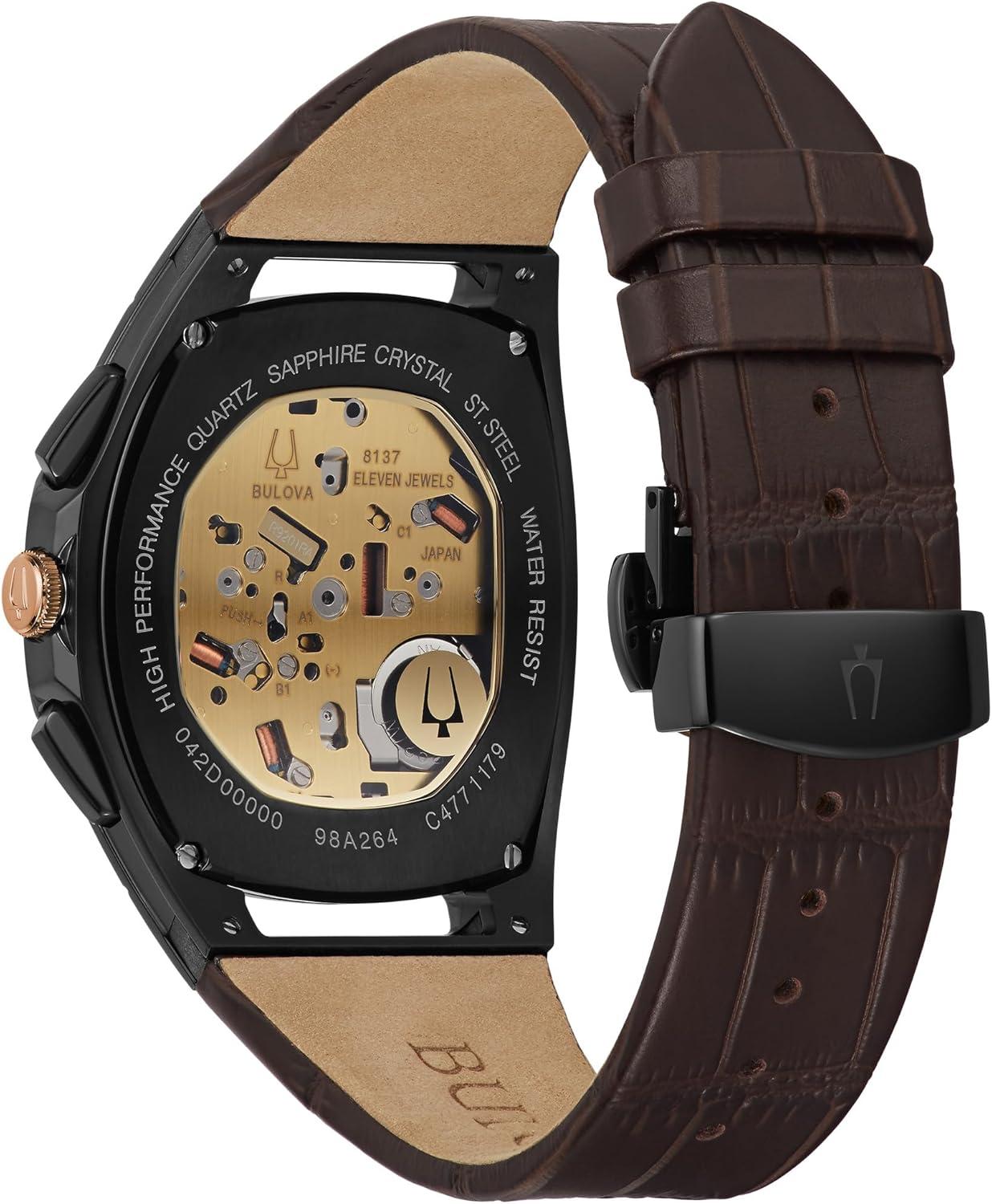 imageBulova Mens CURV High Performance Quartz Black and Rose GoldTone Stainless Tonneau Shape CaseBrown Leather Strap Watch 5Hand Chronograph Sapphire Crystal Style 98A264
