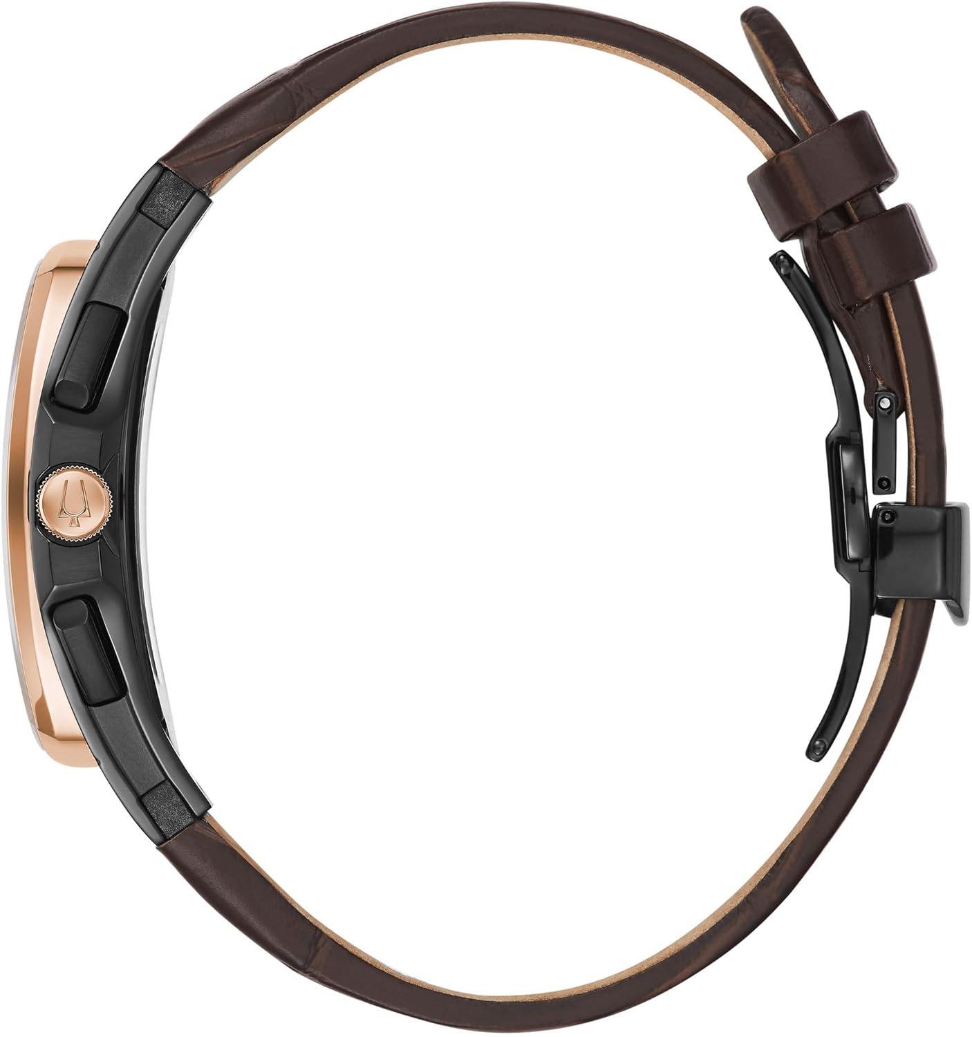 imageBulova Mens CURV High Performance Quartz Black and Rose GoldTone Stainless Tonneau Shape CaseBrown Leather Strap Watch 5Hand Chronograph Sapphire Crystal Style 98A264
