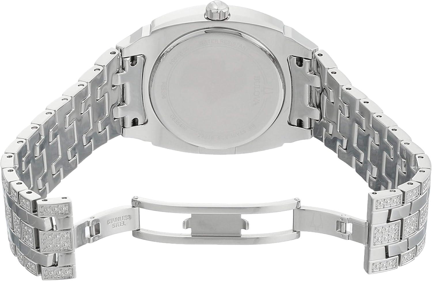 imageBulova Mens Crystal Phantom 3Hand Date Quartz Cushion Shaped Case Watch Pave Crystal Dial 40mmStainless Steel