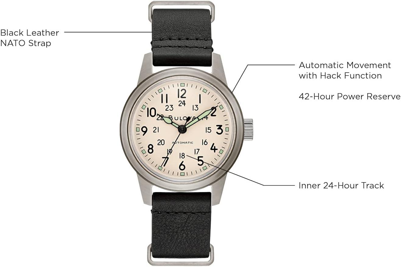imageBulova Mens Military Heritage Hack Stainless Steel 3Hand Automatic Watch NATO Leather Strap Luminous Hands and Markers Black LeatherIvory Dial