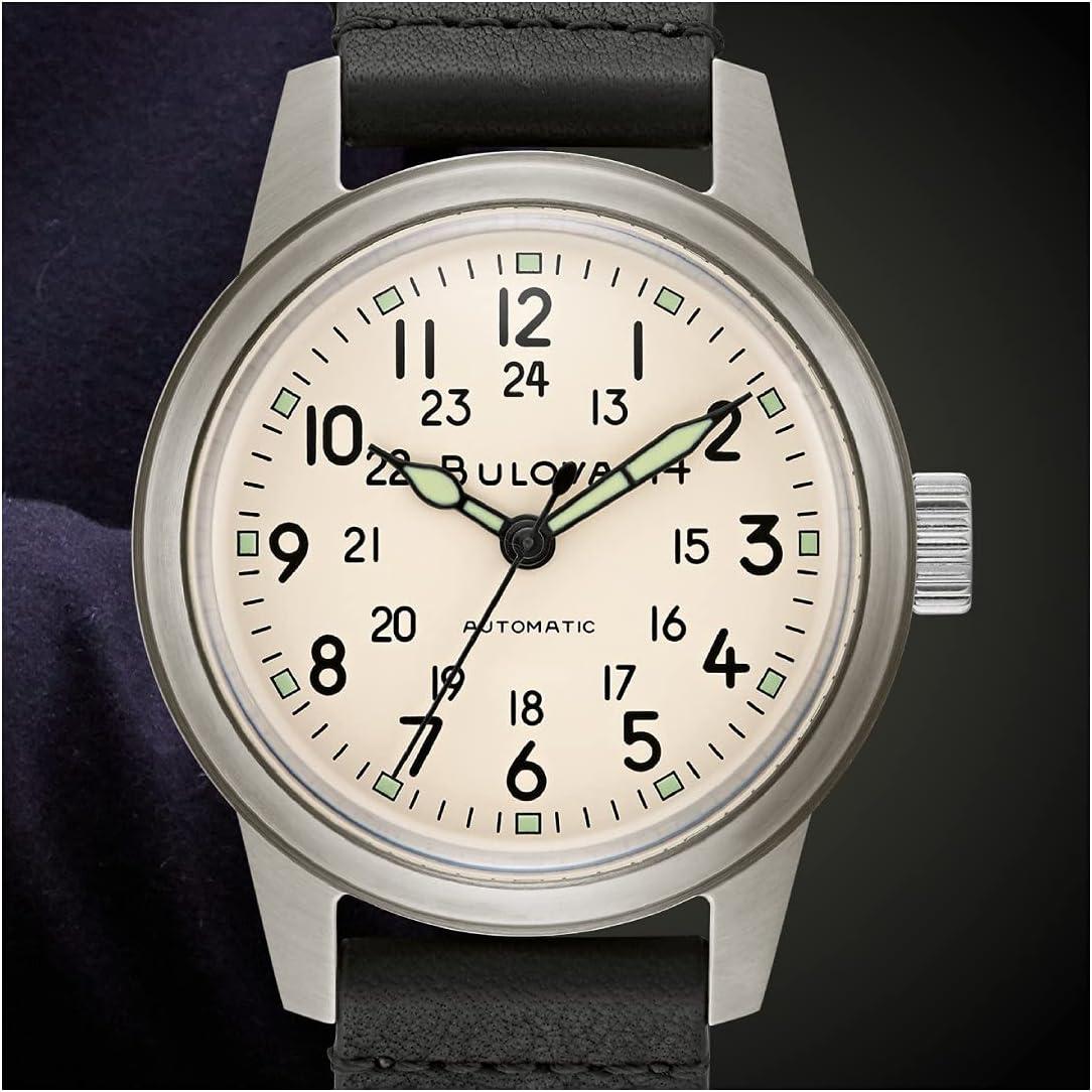 imageBulova Mens Military Heritage Hack Stainless Steel 3Hand Automatic Watch NATO Leather Strap Luminous Hands and Markers Black LeatherIvory Dial