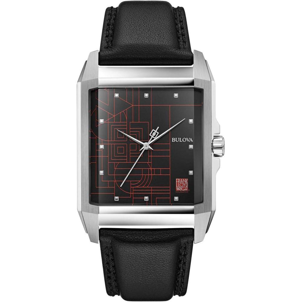 imageBulova Frank Lloyd Wright December Gifts Stainless Steel 3Hand Quartz Dial Black Leather Strap Style 96A223
