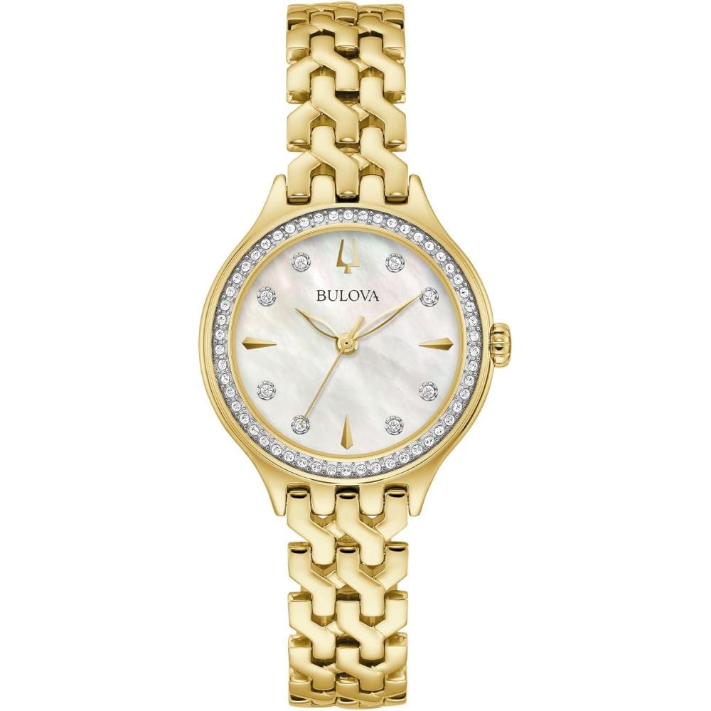 imageBulova Ladies Classic Crystal Gold Stainless Steel 3Hand Quartz Watch Mother of Pearl DialGold Tone White MotherofPearl