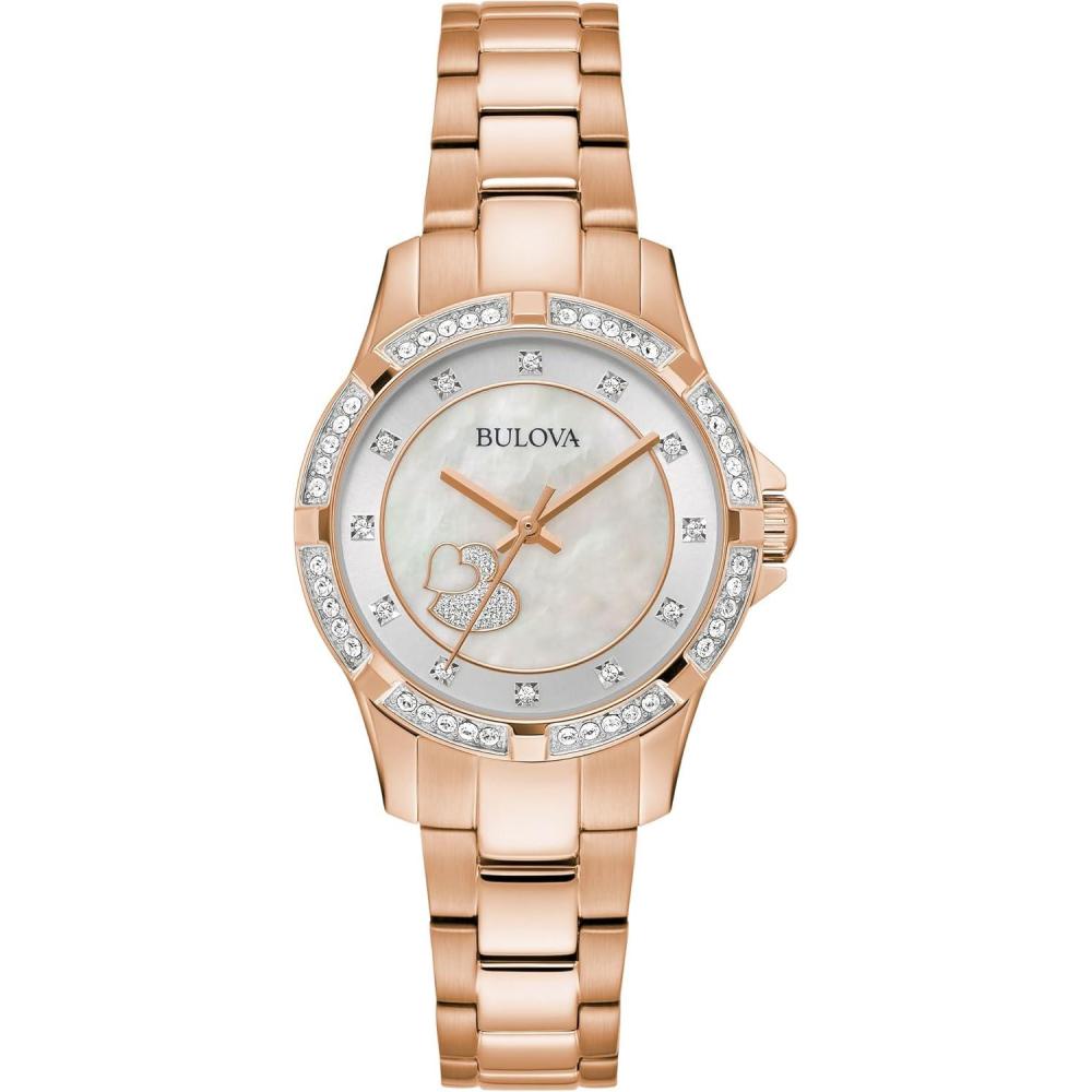 imageBulova Ladies Classic Crystal Rose Gold Stainless Steel 3Hand Quartz Watch White MotherofPearl Dial with Crystal Heart Detail Style 98L303