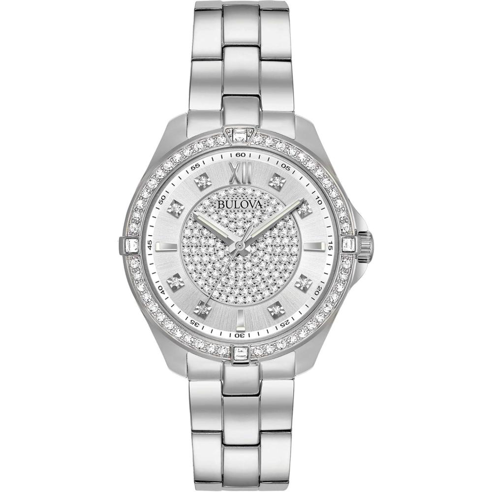 imageBulova Ladies Classic Crystal Stainless Steel 2Hand Quartz Watch Pave Dial Style 96L236
