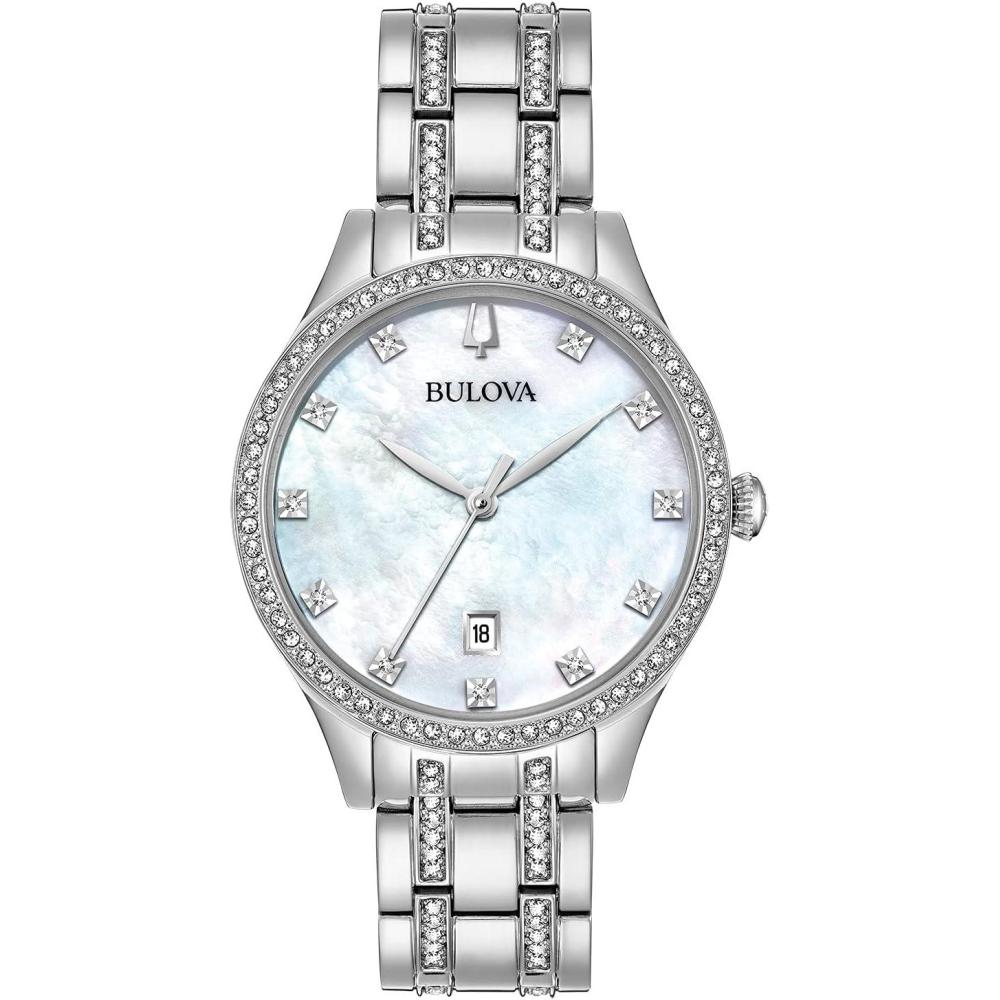 imageBulova Ladies Classic Crystal Stainless Steel 3Hand Quartz Watch White MotherofPearl Dial Style 96M144