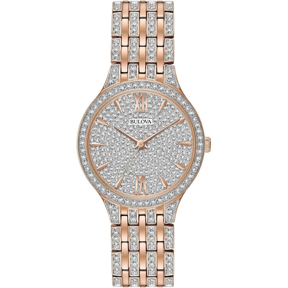 imageBulova Ladies Crystal Phantom Rose Gold Tone Stainless Steel 2Hand Quartz Watch 440 Crystals and Pave Dial Style 98L235