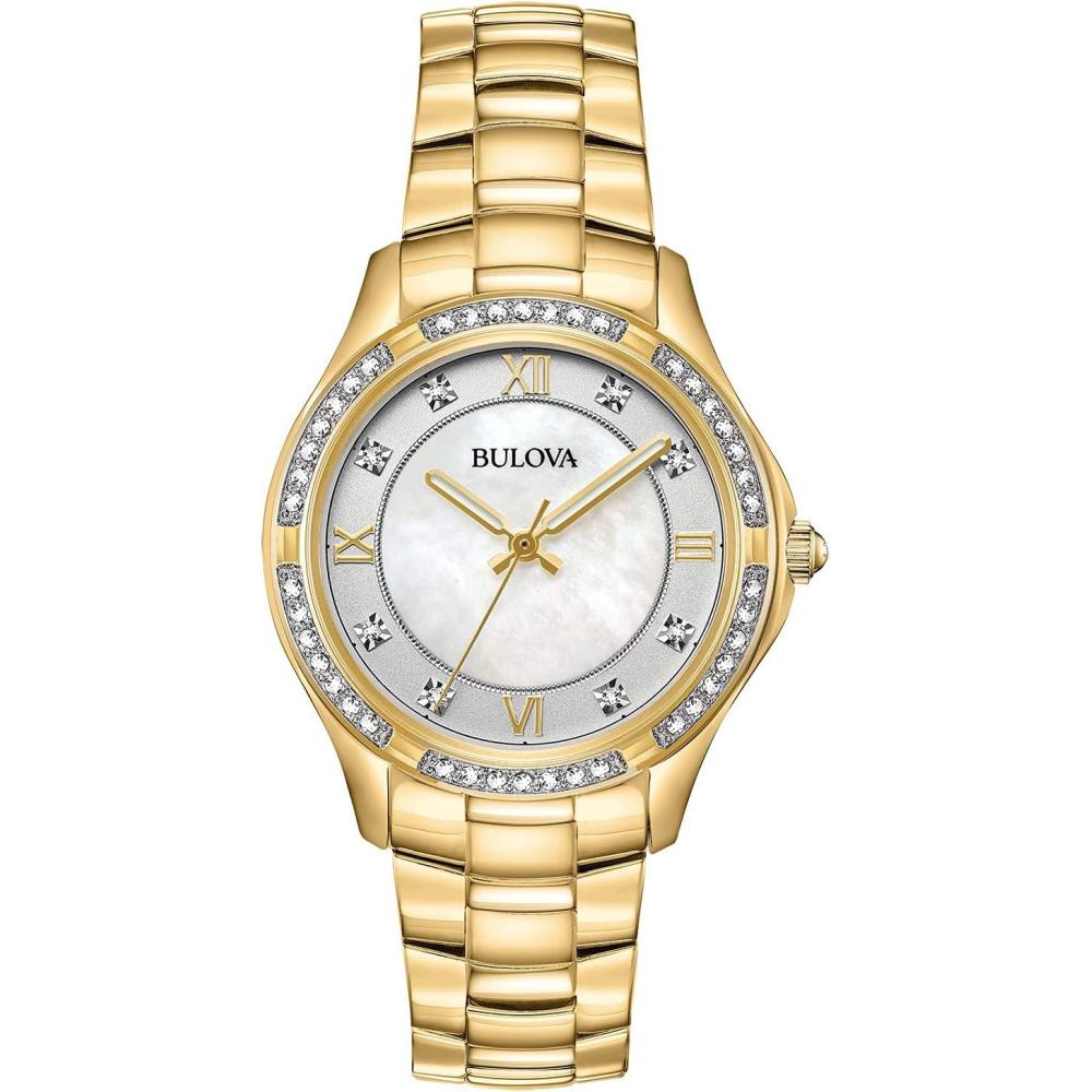 imageBulova Ladies Crystal Stainless Steel 3Hand Quartz Watch White MotherofPearl DialGold