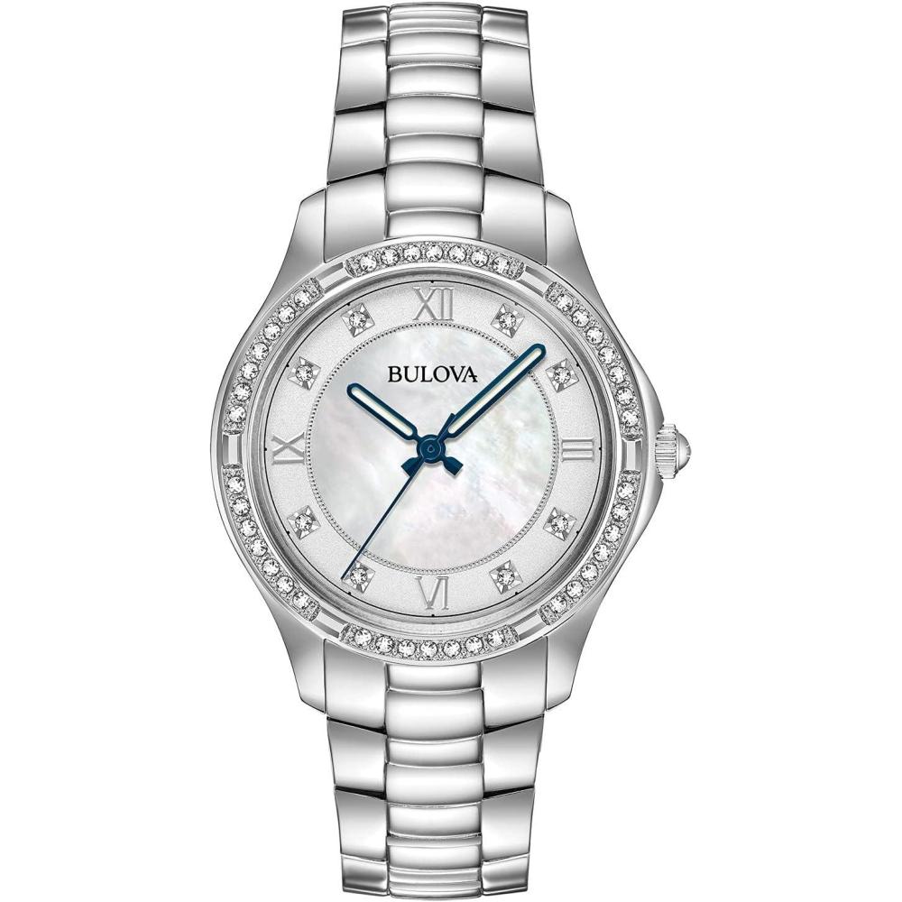 imageBulova Ladies Crystal Stainless Steel 3Hand Quartz Watch White MotherofPearl DialSilver