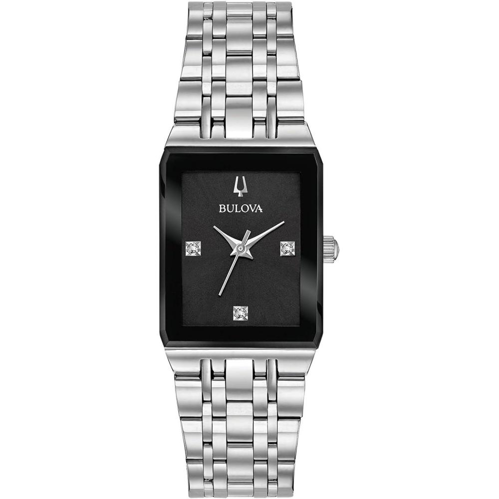 imageBulova Ladies Modern Quadra Diamond Dial Stainless Steel 3Hand Quartz Watch Black Dial Style 96P202