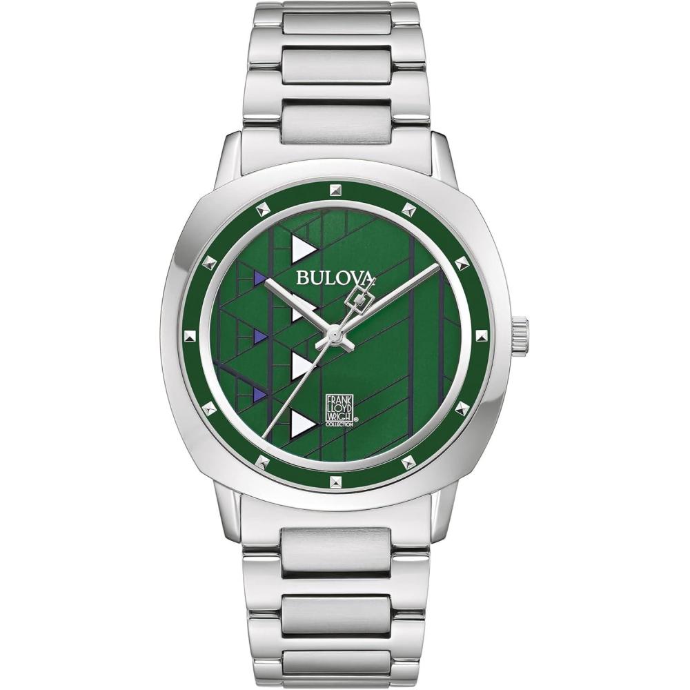 imageBulova Men Frank Lloyd Wright Hollyhock House Stainless Steel 3Hand Quartz Brown Leather Strap and Green Dial Style 96A286