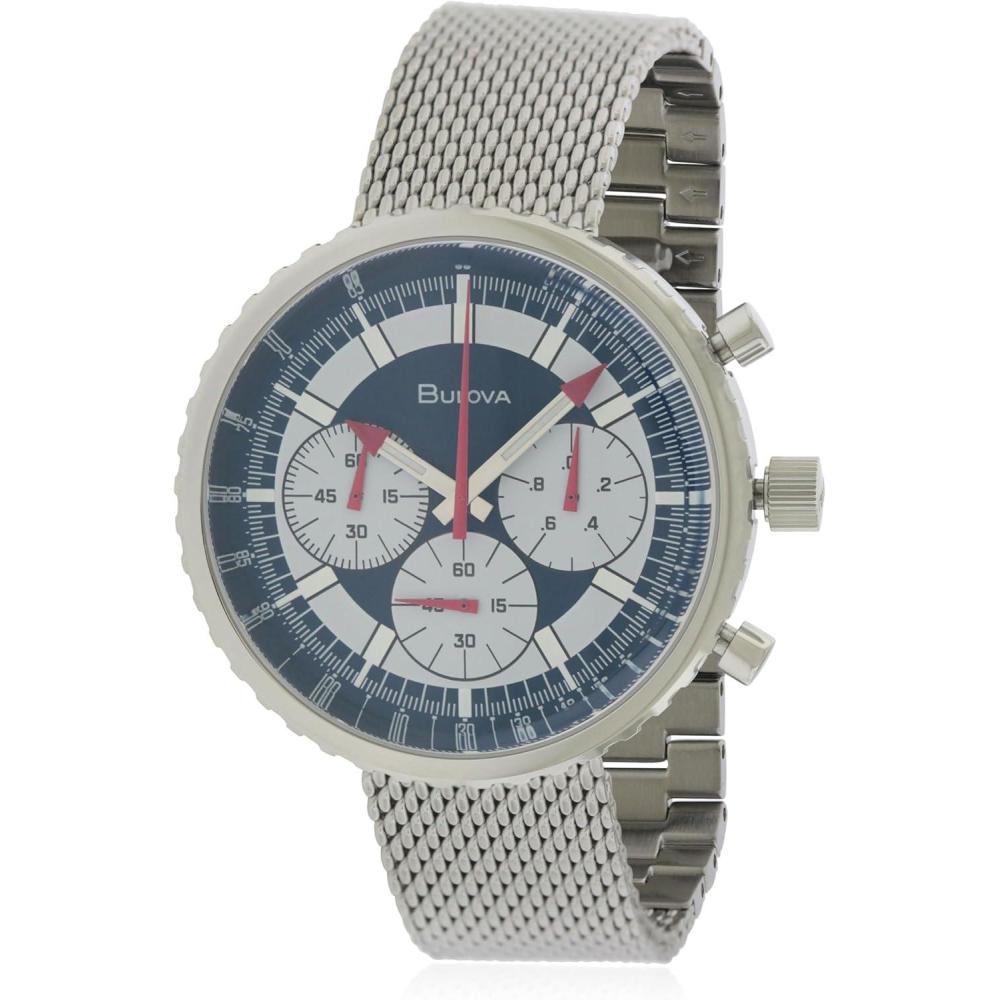 imageBulova Mens Archive Series Chronograph C 6Hand Chronograph Precisionist Stainless Steel Mesh Watch with Interchangable Blue Leather Strap Sapphire Crystal Style 96K101