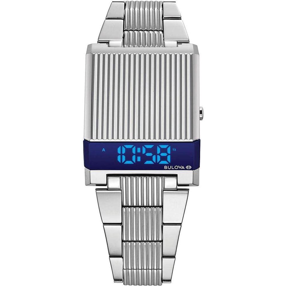 imageBulova Mens Archive Series LED Computron Stainless Steel WatchSilver Stainless Steel Blue LED Display