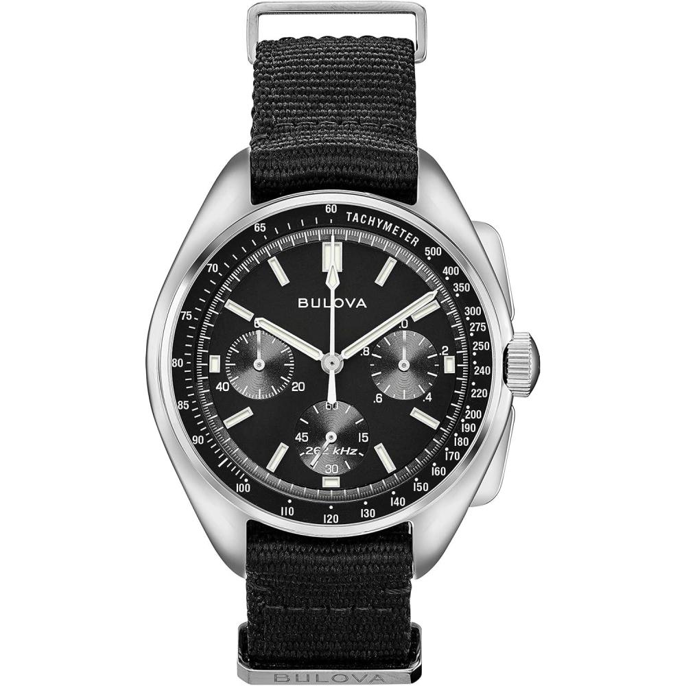 imageBulova Mens Archive Series Lunar Pilot 6Hand Chronograph High Performance Quartz Stainless Steel Black NATO Strap and Sapphire Crystal Style 96A225
