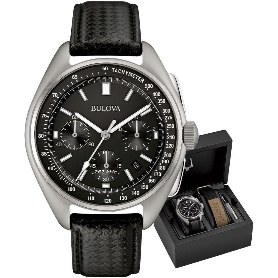 imageBulova Mens Archive Series Lunar Pilot 6Hand Chronograph High Performance Quartz Stainless Steel and Black Nylon Strap Watch Set Sapphire Crystal Style 96B251