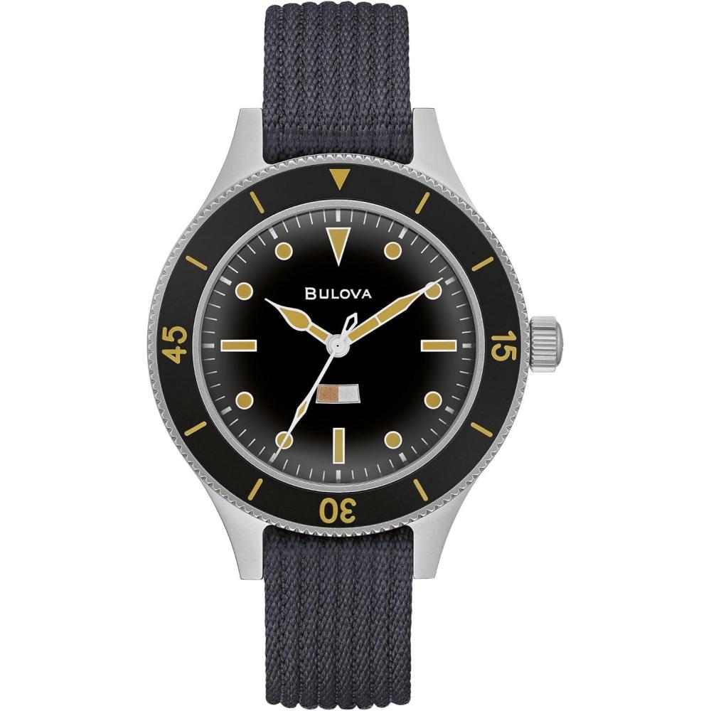 imageBulova Mens Archive Series MILSHIPSW2181 Stainless Steel 3Hand Hack Automatic Watch Grey Nylon Strap and Black Matte Dial Style 98A266