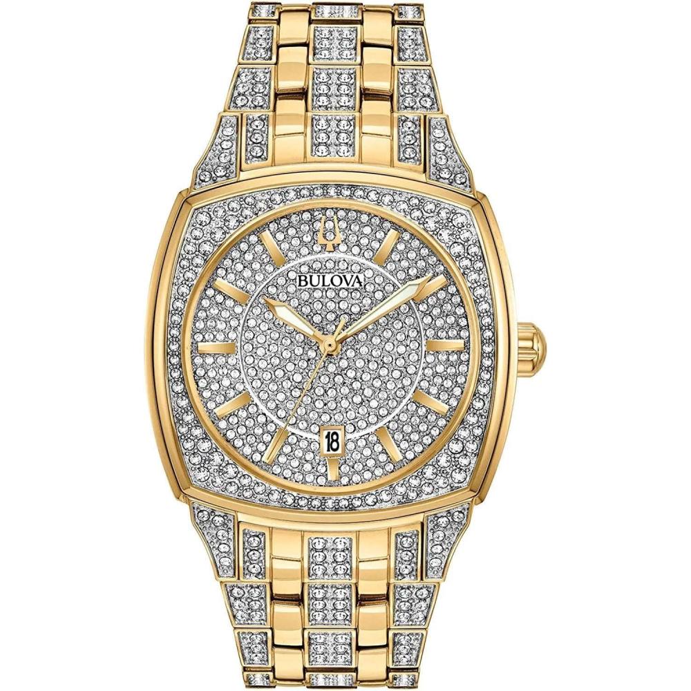 imageBulova Mens Crystal Phantom 3Hand Date Quartz Cushion Shaped Case Watch Pave Crystal Dial 40mmGold Tone